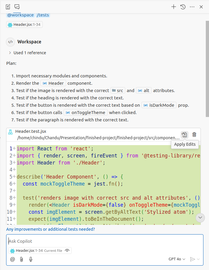 Copilot chat generating unit tests