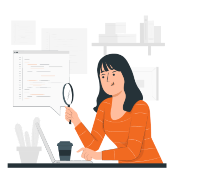 Person with magnifying glass at laptop