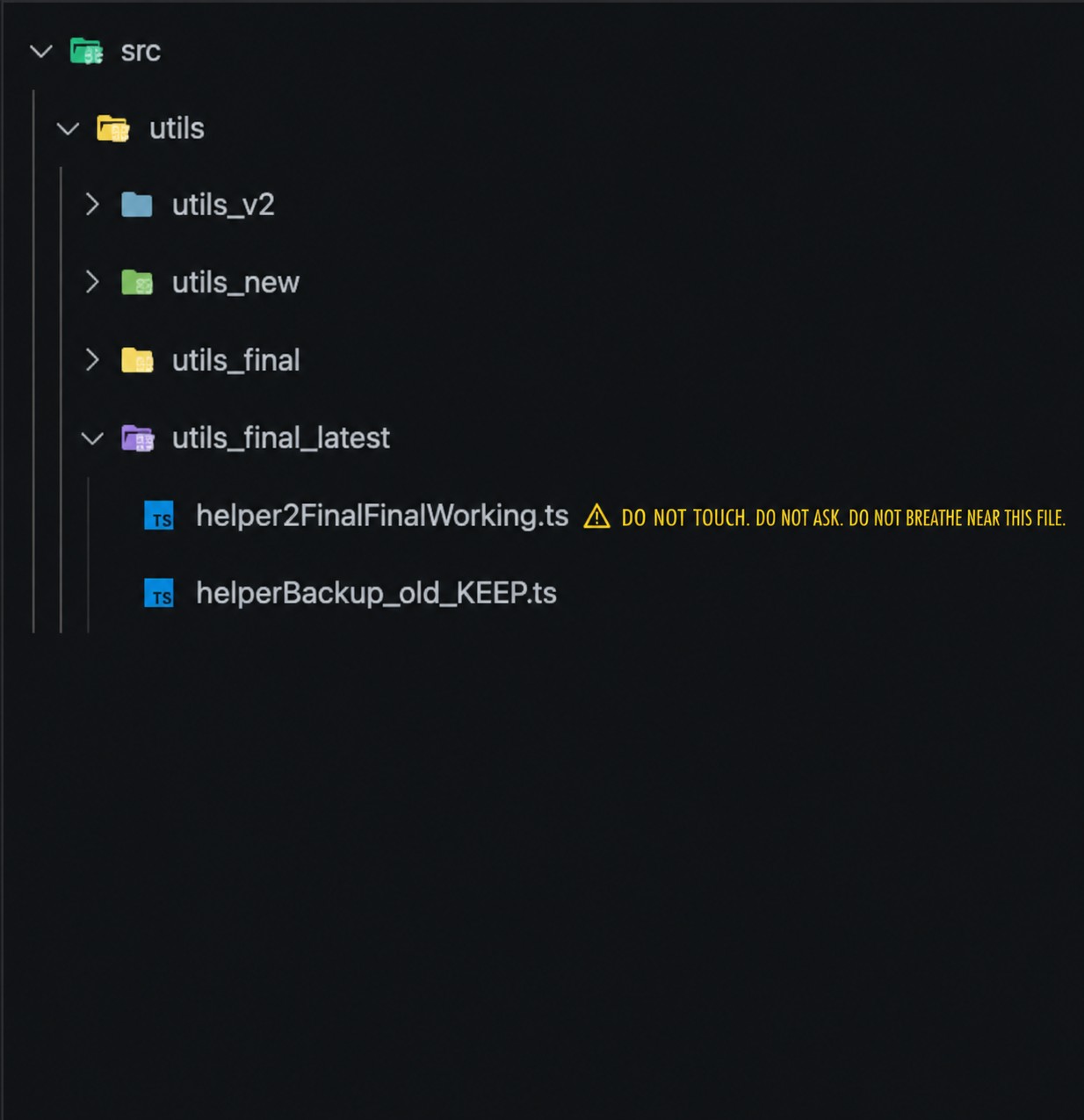 A chaotic folder structure with nested directories like utils, utils_v2, utils_new, utils_final, and files named helper2FinalFinalWorking.ts