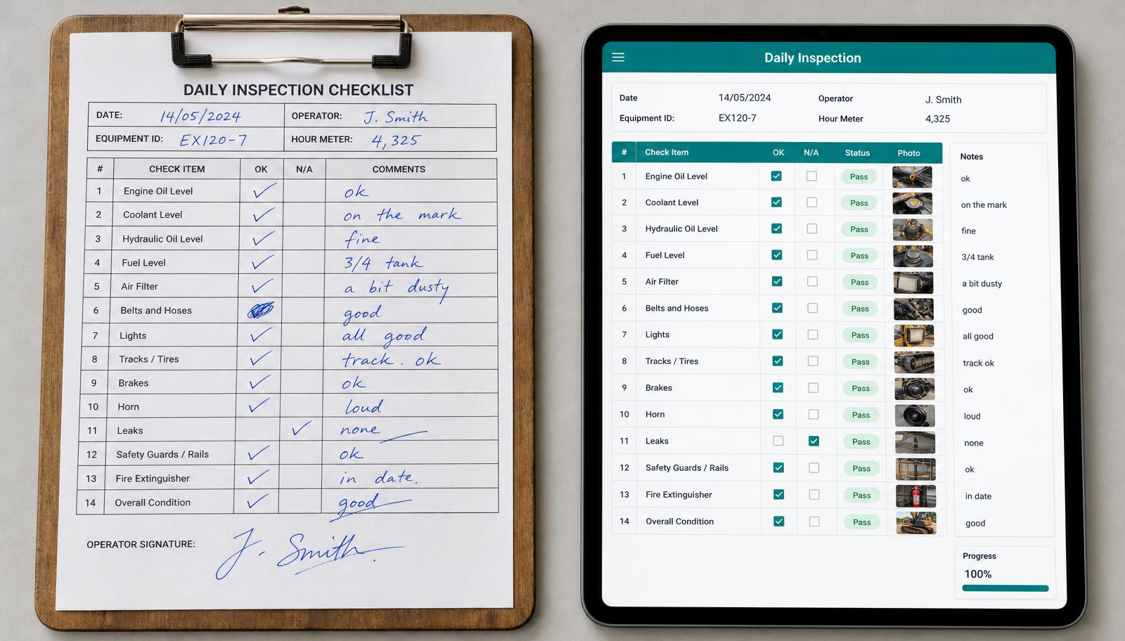 An inspection report on a paper clipboard with a pencil beside the same report on a tablet