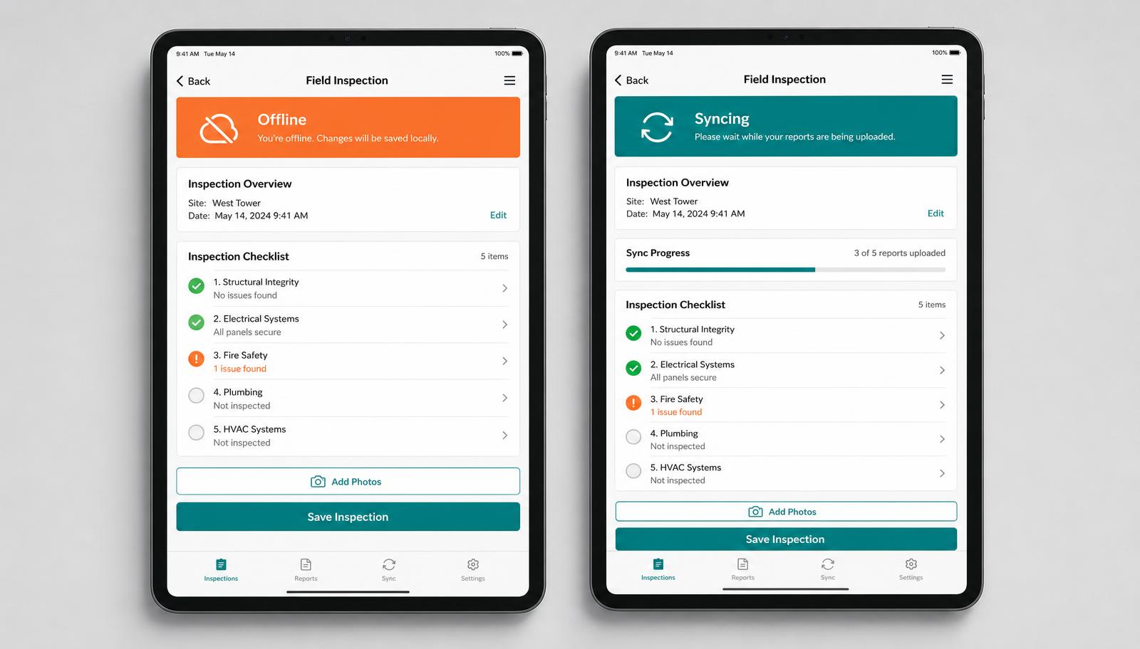 Inspection report on a tablet in offline mode alongside the same report syncing data