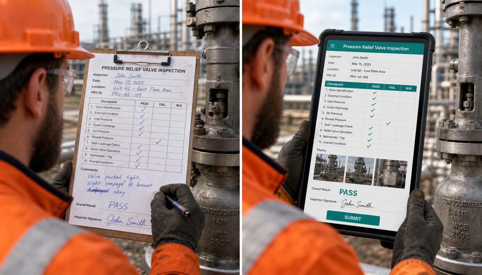 Split-screen of a worker filling a paper inspection report and a worker completing the same report on a digital tablet