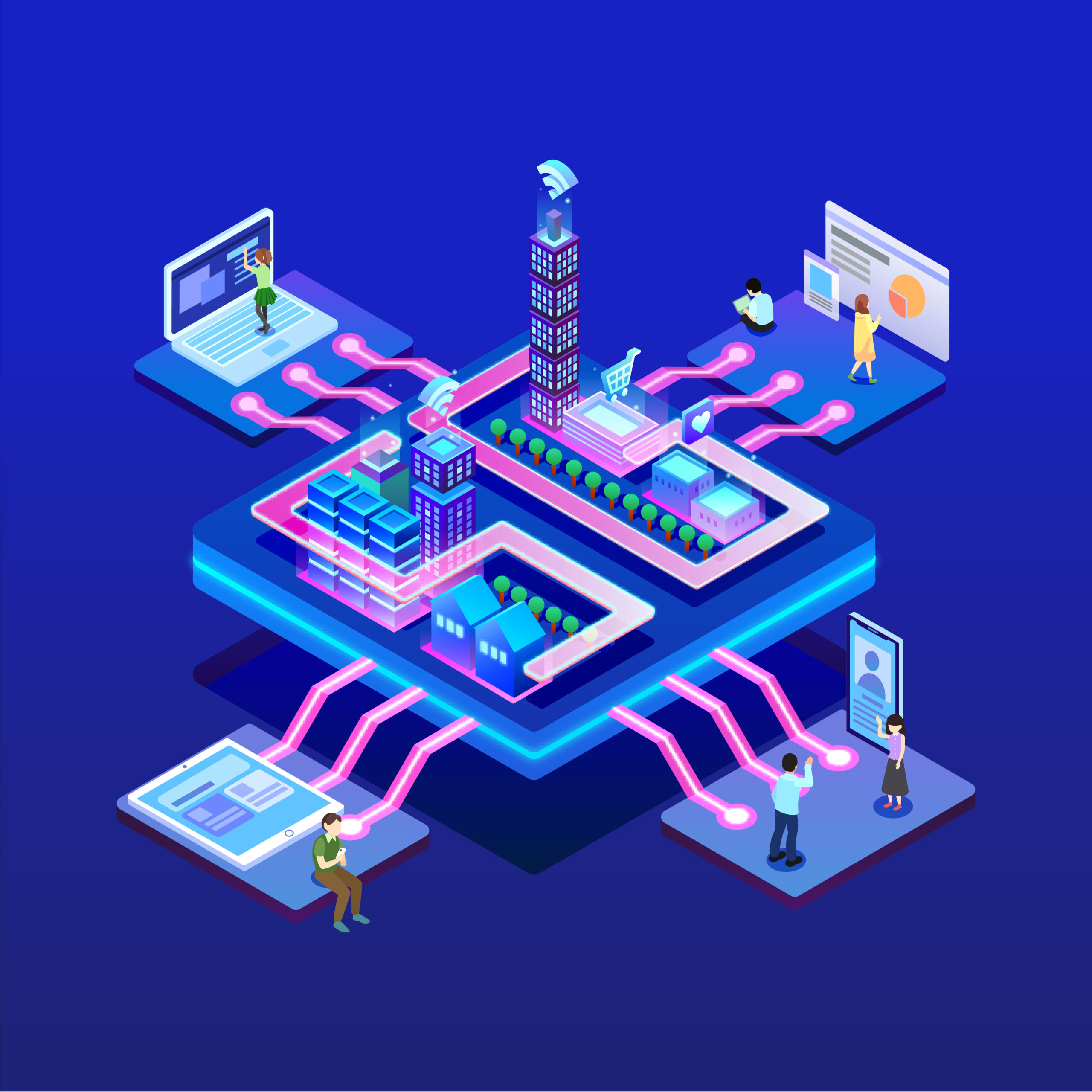 vector isometric people working with technology