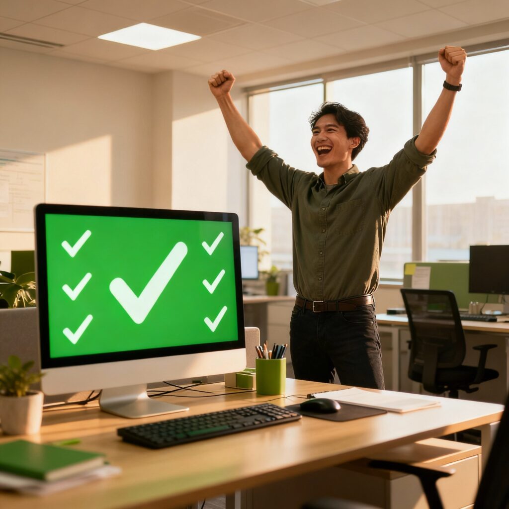 Developer celebrating successful implementation